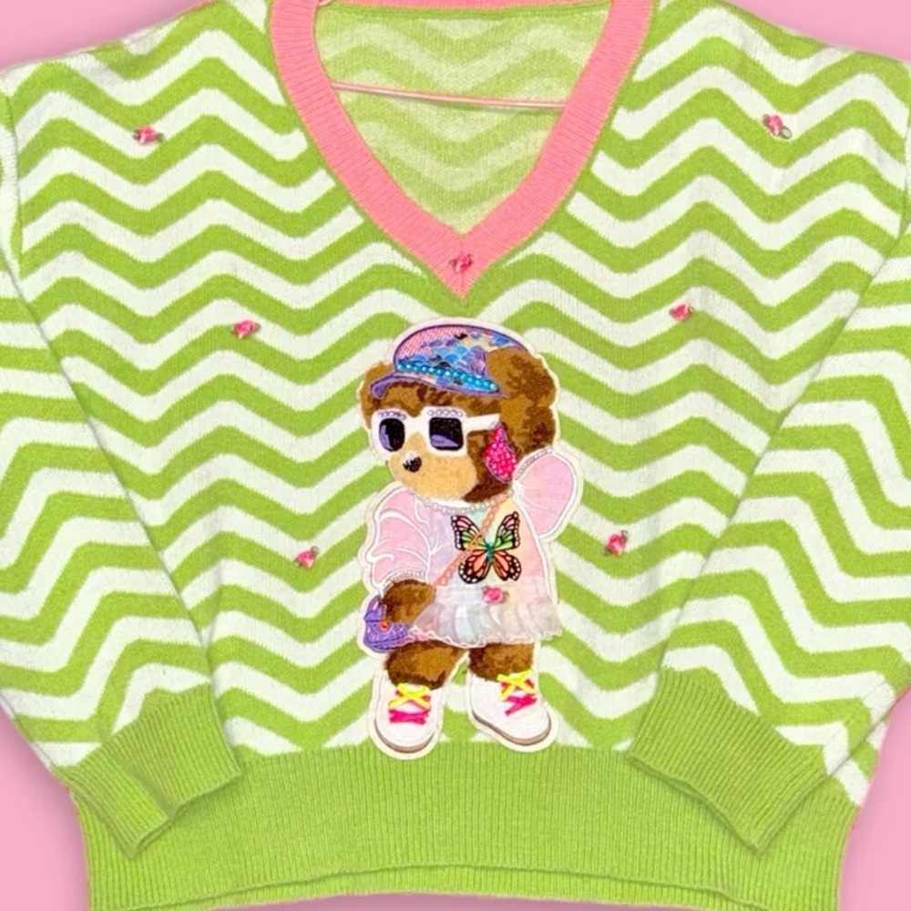 Custom Hand Sewn OOAK Bear Patch Pink & Green Striped V-Neck Knit Sweater Lg